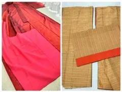 【未使用】朱色着物　格子柄着物　羽織り　帯セット