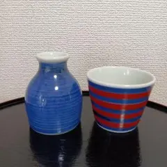砥部焼梅山窯 呉須巻き徳利と呉須赤巻そば猪口の晩酌セット②