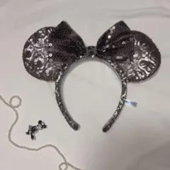 【一度着用】ディズニー　ミニー　シルバーラメリボン耳カチューシャ