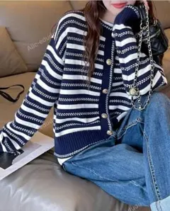 SHEIN ストライプ ドロップショルダー ボタンスルー カーディガン M