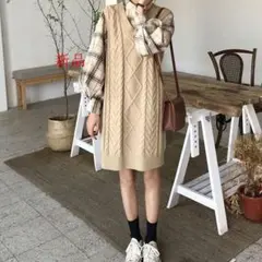 チェックシャツニットワンピース 秋冬 トレンド 韓国 レディース 大人}