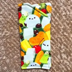 オリジナルデザイン生地　白玉シマエナガ抹茶あんみつ柄　ハンドメイドメガネケース
