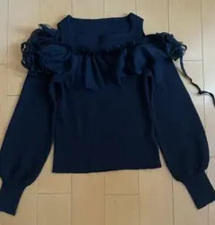 オフショルニット 黒 チュール バルーンスリーブ フリル 量産型 地雷系