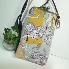 ハンドメイド　アレキサンダーヘンリー　スマホがま口ポーチ　グレー