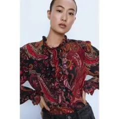 ZARA ペイズリー柄 フリルブラウス 長袖 ブラック系