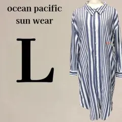 【美品】オーシャンパシフィック ストライプ 綿 シャツワンピース L ブルー系