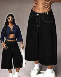 ブラックデニム ワイドレッグショートパンツ