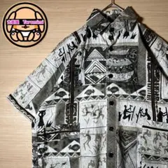 超希少 ヴィンテージ 半袖シャツ L 古代 壁画 アート 総柄 刺繍 古着