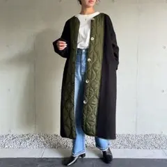 最終価格！！JUNOAHジュノアキルティング切替ロングコート　ブラック×カーキのサムネイル