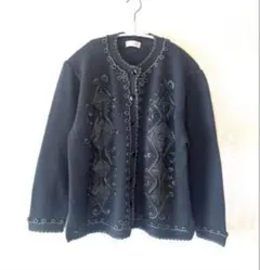 ECOLE 刺繍入りグレー長袖カーディガン　ウール100% M