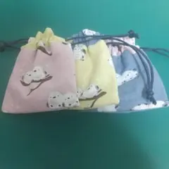 シマエナガデザインの布製ミニ巾着袋3点セット