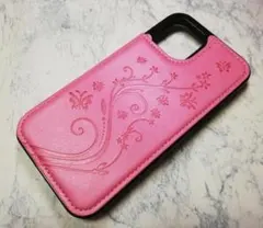 iPhone12/12Pro 用 ケース カード入れ 手帳型 蝶 草花 ピンク