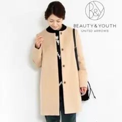 11T303☆ BEAUTY&YOUTH ベージュ ウール ノーカラーコート Mのサムネイル