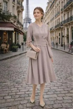 DRESS PLUS フォーマル ワンピース ドレス 七分袖 M ピンクベージュ