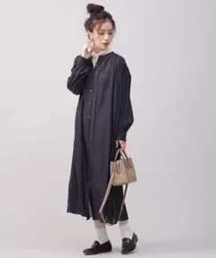 O1044ナノユニバースロングシャツワンピース長袖茄子紺無地ネイビーコットン綿春