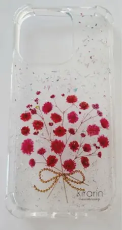 iPhone14pro押し花スマホケース　かすみ草　赤い花