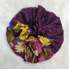 1点のみ／ひらひらシュシュ◆ひまわりミックス花柄ボルドー＆ダークパープルレース
