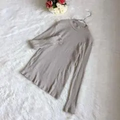 ユニクロ（XL）リブハイネックTシャツ 長袖 ベージュ 綿混 ストレッチ 無地