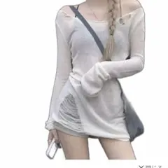 SHEIN ダメージ加工 ニット 長袖 ホワイトのサムネイル