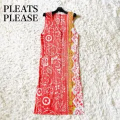 【希少✨】プリーツプリーズ　ロングシャツワンピース　2way　花柄　オレンジ　2