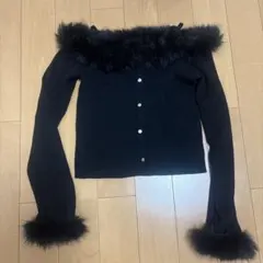 オフショルダー ファー付き トップス 黒