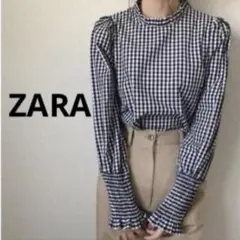 ZARA ブラック×ホワイト ギンガムチェック　パフスリーブ ブラウス