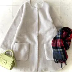 美品 ミラオーウェン ノーカラーシャツカーブボアジャケット アイボリー