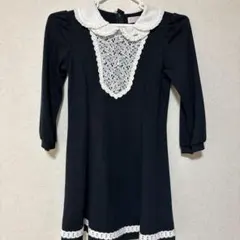 メゾピアノ　黒のレース襟七分袖ワンピース