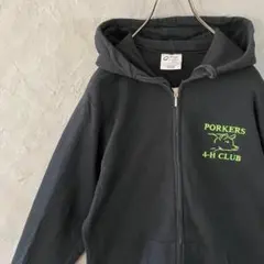 人気カラー　ヴィンテージ　パーカー　フルジップ　刺繍ロゴ　豚　古着　黒　IW16