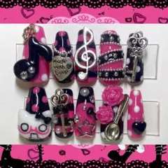 【現品】平成女児ネイル ピンク×黒 音符 グランジ y2k 薔薇 ウィッシュコア