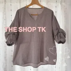THE SHOP TKチェック柄 Vネック五分袖ブラウス夏L美品(株)ワールド