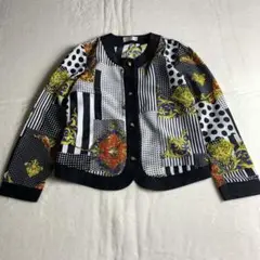 【シャツ　ノーカラー　スカーフ柄　ドット　ストライプ　白　黒　ボタン　古着】
