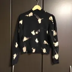 ムラ染めニット ボトルネック パフスリーブ 薄手 綿100％ 黒 F