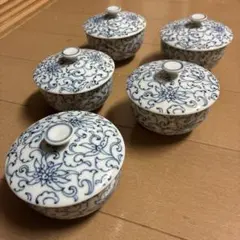 青い花模様 蓋つき煮物椀 5個セット