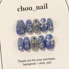 ネイルチップ 現品 チェック マグネット ネイビー フラワー フレンチ