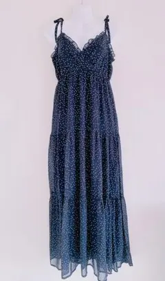 黒白ドットシースルーフリルロングフレアリボンマキシワンピースブラックホワイト