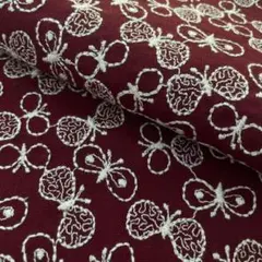 s16-r▼135×50cm▼コットンリネン刺繍生地▼蝶々柄　薄手　レッド
