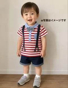 キッズ サスペンダー風 だまし絵　半袖ポロシャツ ボーダーのサムネイル