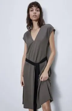 新品☆ZARA ザラ ベルト付きミディワンピース L グレー