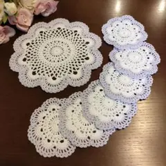 ハンドメイド　レースの手編みコースター 6枚 ＆ ポットマット 1枚