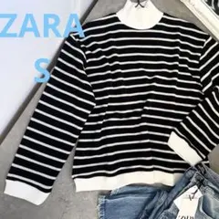 【美品】ZARA ボーダーハイネック　ニット　セーター　ブラックホワイト　S