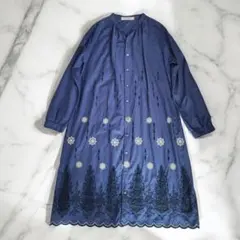 スーパーハッカ SUPER HAKKA 刺繍ワンピース 綿100% 長袖紺
