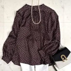 美品 シップス ウォッシャブルドットハイネックブラウス ブラウン
