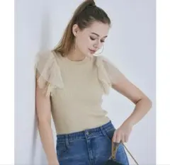 coca コカ フリルニット ベージュ L 袖レースニットトップス サマーニット