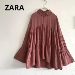 ザラ ZARA カットソー ハイネック フリル 長袖 S レッドブラウン