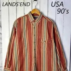USA古着 90s LANDS'END ストライプBDシャツ L～XL オールド