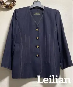 【超美品】Leilian ノーカラージャケット ダークブルー　日本製のサムネイル