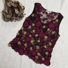 美品⭐︎ジョルジュレッシュ クロシェ編み 花柄 フラワーレースニットベスト 38のサムネイル