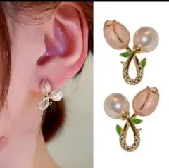 ピアス　チューリップモチーフ　華やか　フェイクパール　ギフトボックス付き　ピンク