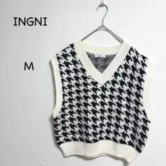 イング INGNI Vネックニットベスト M 白黒 総柄 千鳥格子